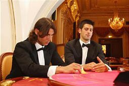 MONTE CARLO, MONACO - APRIL 21: Novak Djokovic (R) of Serbia and Rafael Nadal (left) of Spain playing blackjack at the Monte Carlo Casino on April 21, 2008 in Monte Carlo, Monaco. (Photo by Michael Steele/Getty Images)