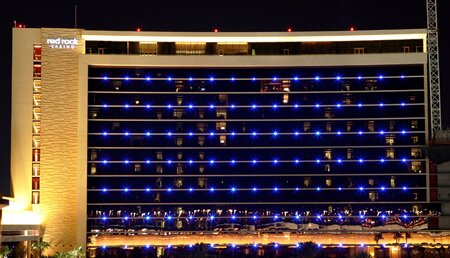 LAS VEGAS - APRIL 18: The hotel tower of the Red Rock Casino is shown after the resort's grand opening April 18, 2006 in Las Vegas, Nevada. The USD 925 million property is the most expensive off-Strip casino ever built in Las Vegas. The casino features a 415-room, 17-story hotel tower, a 25,000 square-foot spa, a three-acre backyard pool area, a 16-screen movie theater and several bars and restaurants. (Photo by Ethan Miller/Getty Images)