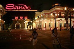 MACAU, CHINA - MAY 25: The neon lights of the Sands casino can be seen at the newly build $250 million Fisherman's Wharf, expanding family attractions May 25, 2006 in Macau, China.